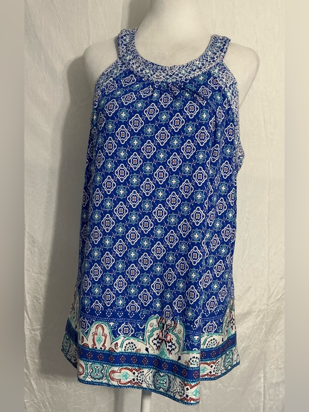 Skies Are Blue Blue and White Printed Tank Top with Teal Accents